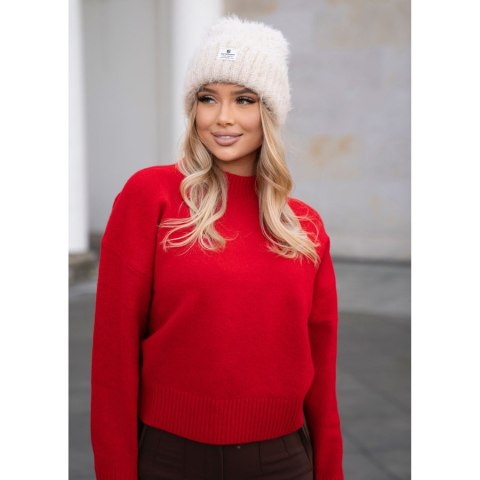 Beżowa czapka damska beanie wykonana z nylonu, pokryta fakturą imitującą futerko - Peterson