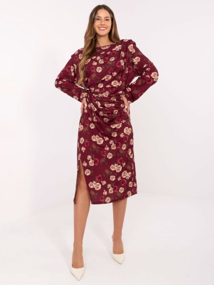 Bordowa sukienka midi w kwiaty z rozcięciem RUE PARIS – Stylowy Wieszak