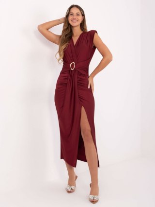 Bordowa elegancka sukienka z rozcięciem ITALY MODA – Stylowy Wieszak