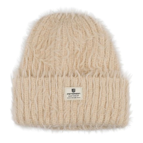 Beżowa czapka damska beanie wykonana z nylonu, pokryta fakturą imitującą futerko - Peterson