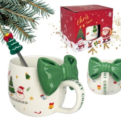 Kubek świąteczny z kokardą – zestaw w pudełku z łyżeczką 400 ml | Stylowy Wieszak