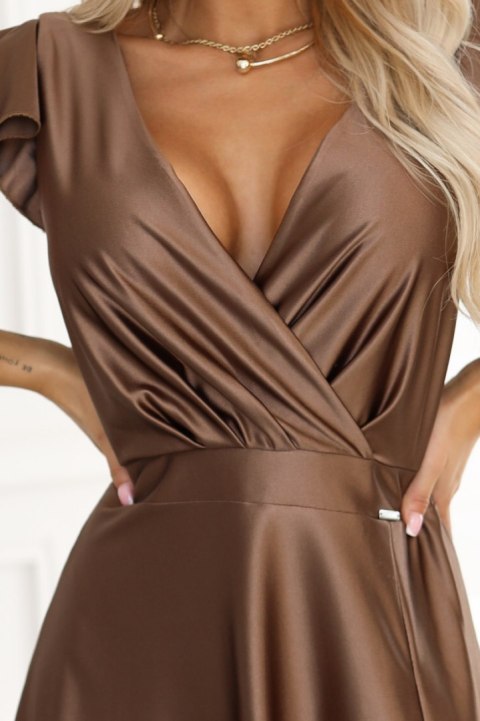 411-14 CRYSTAL satynowa długa suknia z dekoltem - mocha mousse - L