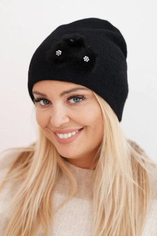 Czapka damska z ozdobnymi futrzanymi kwiatami elegancka czarna – Stylowy Wieszak