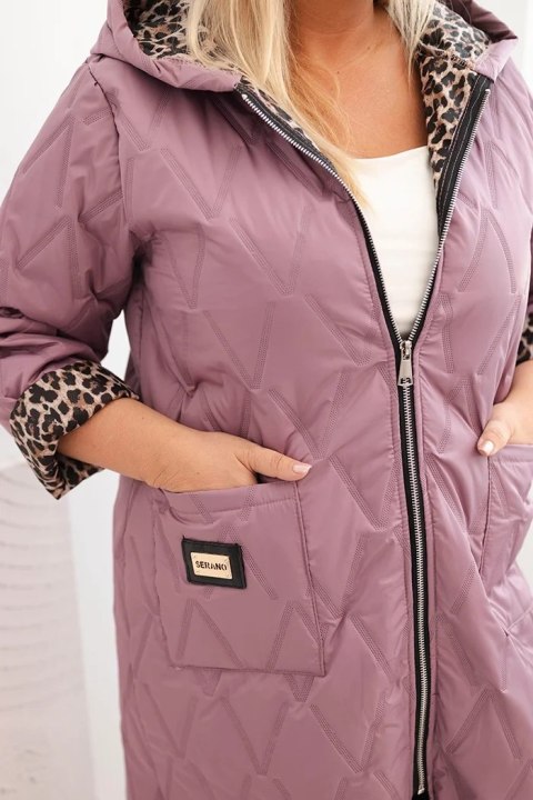 Kurtka damska pikowana Plus Size z podszewką w panterkę i kapturem ciemno różowa