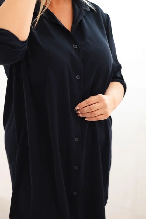 Sukienka damska koszulowa Plus Size z dłuższym tyłem i podwijanym rękawem granatowa