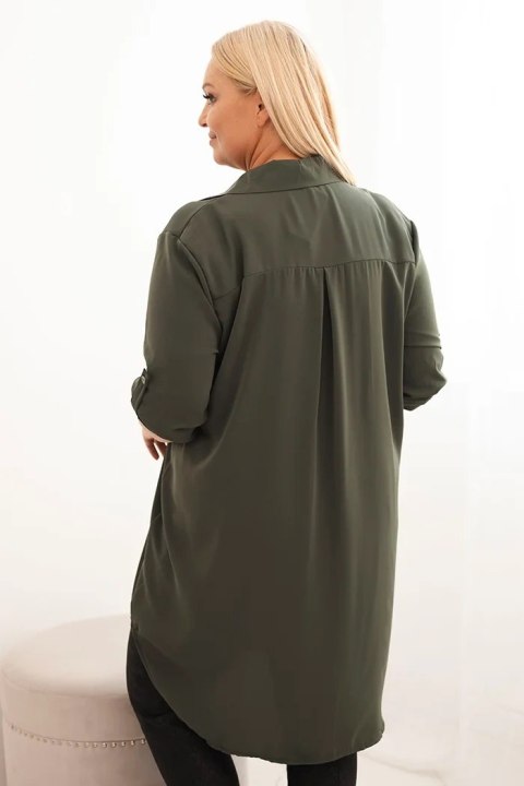 Sukienka damska koszulowa Plus Size z dłuższym tyłem i podwijanym rękawem khaki