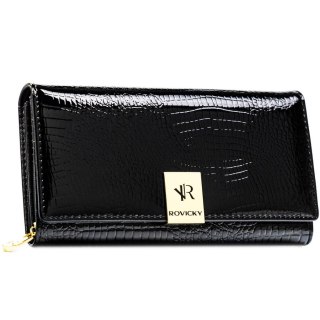 Duży, czarny, lakierowany portfel damski ze skóry naturalnej zamykany na zatrzask - Rovicky