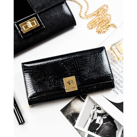 Duży, czarny, lakierowany portfel damski ze skóry naturalnej zamykany na zatrzask - Rovicky