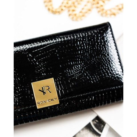 Duży, czarny, lakierowany portfel damski ze skóry naturalnej zamykany na zatrzask - Rovicky