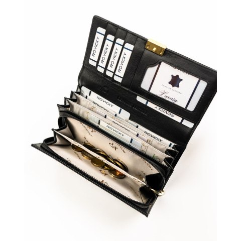 Duży, czarny, lakierowany portfel damski ze skóry naturalnej zamykany na zatrzask - Rovicky