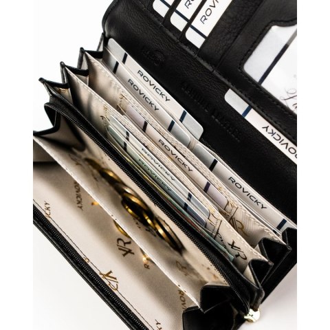 Duży, czarny, lakierowany portfel damski ze skóry naturalnej zamykany na zatrzask - Rovicky