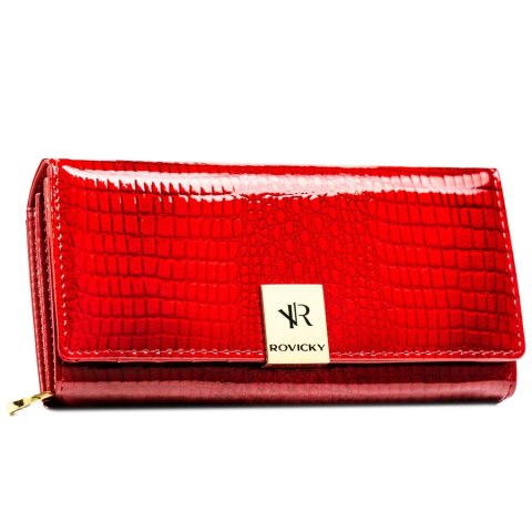 Duży, lakierowany portfel damski ze skóry naturalnej w czerwonym kolorze zamykany na zatrzask - Rovicky