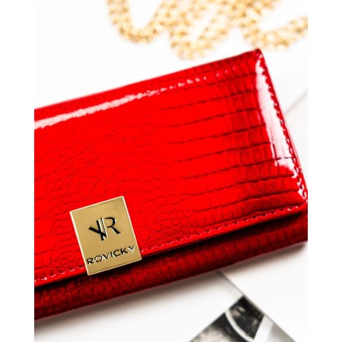 Duży, lakierowany portfel damski ze skóry naturalnej w czerwonym kolorze zamykany na zatrzask - Rovicky