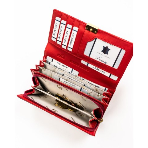 Duży, lakierowany portfel damski ze skóry naturalnej w czerwonym kolorze zamykany na zatrzask - Rovicky