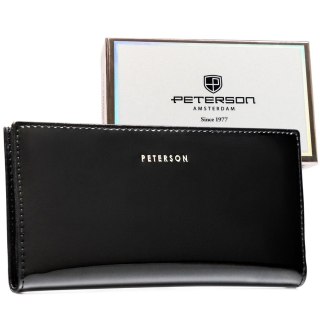 Duży portfel damski ze skóry ekologicznej w czarnym kolorze zamykany suwakiem i zatrzaskiem - Peterson