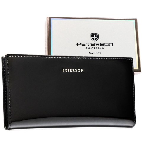 Duży portfel damski ze skóry ekologicznej w czarnym kolorze zamykany suwakiem i zatrzaskiem - Peterson