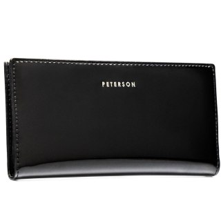 Duży portfel damski ze skóry ekologicznej w czarnym kolorze zamykany suwakiem i zatrzaskiem - Peterson