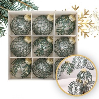 Komplet bombek bożonarodzeniowych BSN62 – 9 sztuk zielono-białych bombek 8 cm