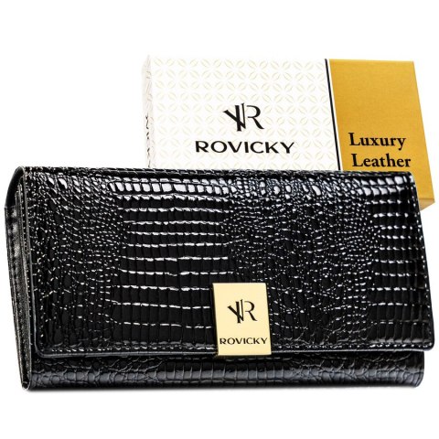 Lakierowany, czarny portfel damski ze skóry naturalnej z systemem RFID - Rovicky