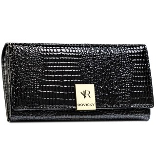 Lakierowany, czarny portfel damski ze skóry naturalnej z systemem RFID - Rovicky