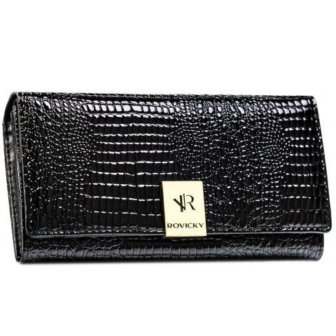 Lakierowany, czarny portfel damski ze skóry naturalnej z systemem RFID - Rovicky