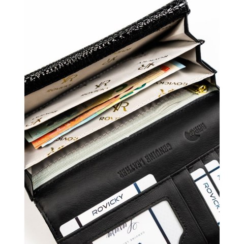 Lakierowany, czarny portfel damski ze skóry naturalnej z systemem RFID - Rovicky