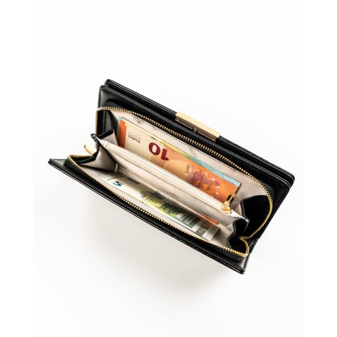 Lakierowany portfel damski ze skóry ekologicznej w czarnym kolorze zamykany na zatrzask i suwak - Peterson