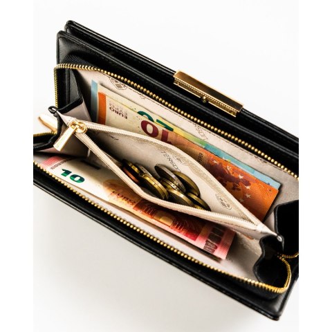 Lakierowany portfel damski ze skóry ekologicznej w czarnym kolorze zamykany na zatrzask i suwak - Peterson