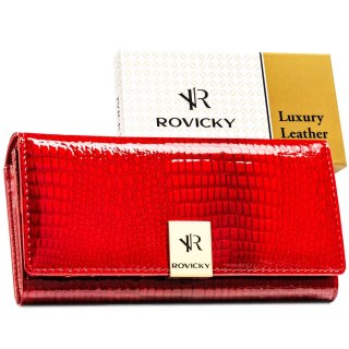 Lakierowany portfel damski ze skóry naturalnej w czerwonym kolorze zamykany na zatrzask - Rovicky