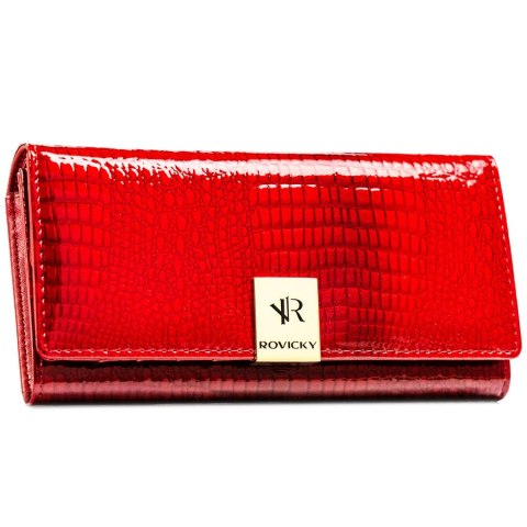 Lakierowany portfel damski ze skóry naturalnej w czerwonym kolorze zamykany na zatrzask - Rovicky