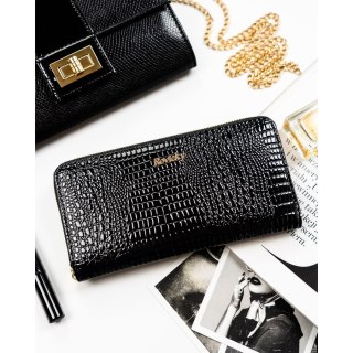 Lakierowany portfel w typie piórnika ze skóry naturalnej w czarnym kolorze zamykany na suwak - Rovicky