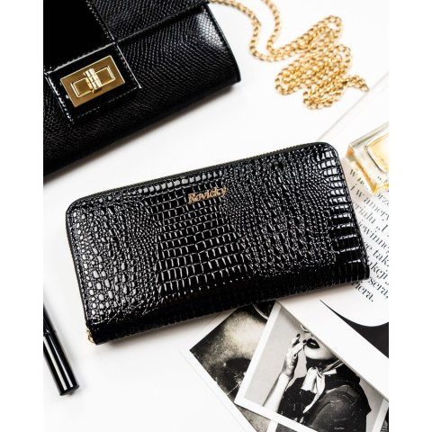 Lakierowany portfel w typie piórnika ze skóry naturalnej w czarnym kolorze zamykany na suwak - Rovicky