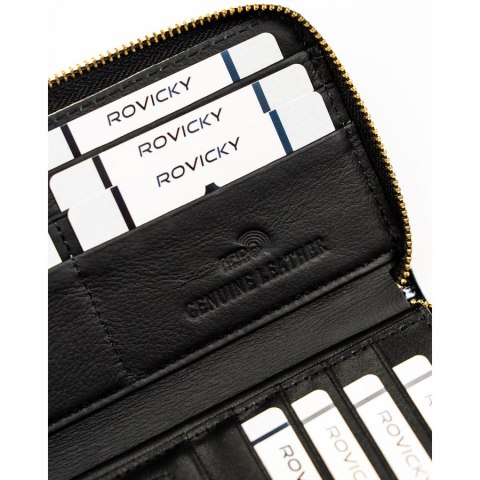Lakierowany portfel w typie piórnika ze skóry naturalnej w czarnym kolorze zamykany na suwak - Rovicky