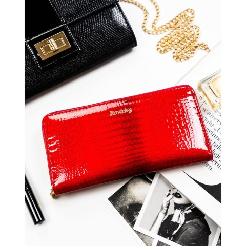 Lakierowany portfel w typie piórnika ze skóry naturalnej w czerwonym kolorze zamykany na suwak - Rovicky