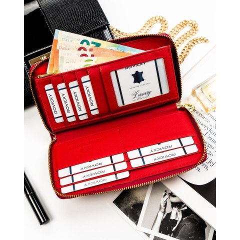 Lakierowany portfel w typie piórnika ze skóry naturalnej w czerwonym kolorze zamykany na suwak - Rovicky