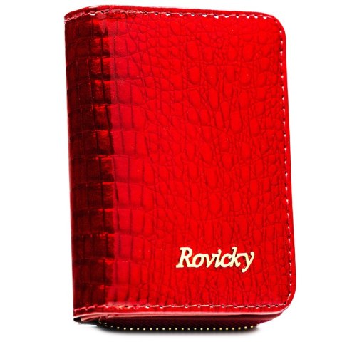 Lakierowany, skórzany portfel damski w czerwonym kolorze zamykany suwakiem - Rovicky