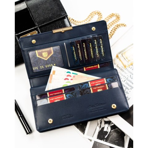 Portfel damski ze skóry ekologicznej w granatowym kolorze z systemem RFID - Peterson