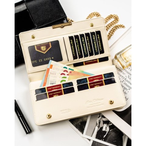 Portfel damski ze skóry ekologicznej w kolorze ecru zamykany na zatrzask i suwak - Peterson