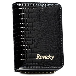 Skórzany portfel damski w czarnym kolorze zamykany suwakiem i zatrzaskiem - Rovicky