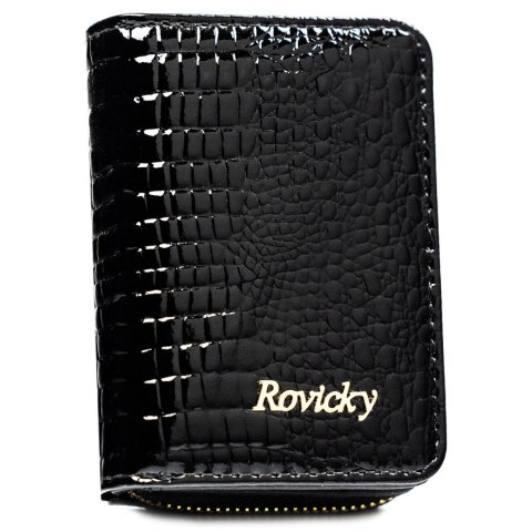 Skórzany portfel damski w czarnym kolorze zamykany suwakiem i zatrzaskiem - Rovicky