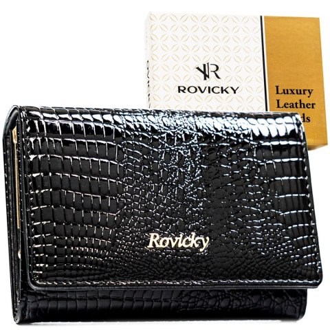 Średni, czarny portfel damski ze skóry naturalnej zamykany zatrzaskiem - Rovicky