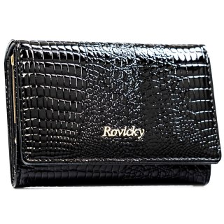 Średni, czarny portfel damski ze skóry naturalnej zamykany zatrzaskiem - Rovicky