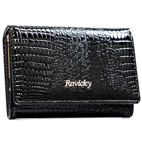 Średni, czarny portfel damski ze skóry naturalnej zamykany zatrzaskiem - Rovicky