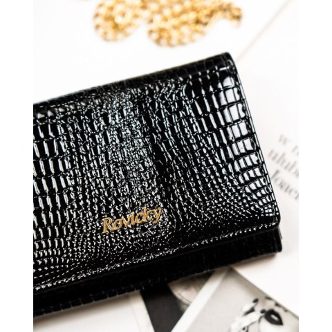 Średni, czarny portfel damski ze skóry naturalnej zamykany zatrzaskiem - Rovicky