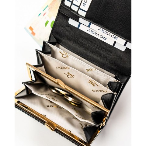 Średni, czarny portfel damski ze skóry naturalnej zamykany zatrzaskiem - Rovicky