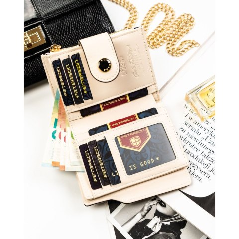 Średni portfel damski ze skóry ekologicznej w beżowym kolorze, mieści dowód rejestracyjny - Peterson