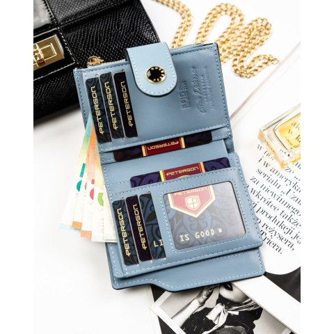 Średni portfel damski ze skóry ekologicznej w niebieskim kolorze, mieści dowód rejestracyjny - Peterson