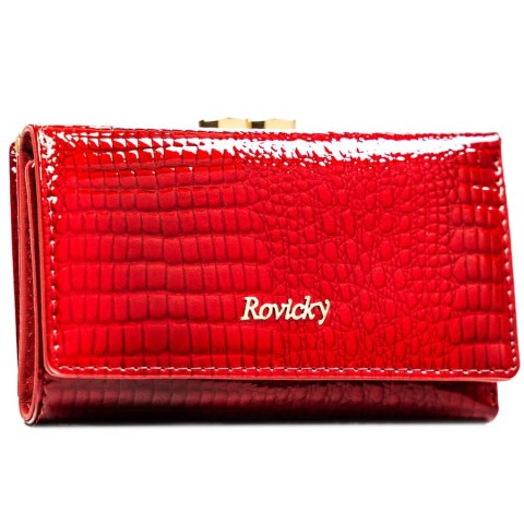 Średni portfel damski ze skóry naturalnej w czerwonym kolorze zamykany na bigiel i zatrzask - Rovicky
