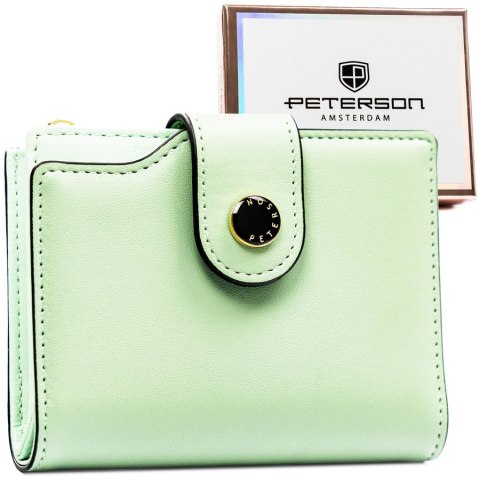 Zielony portfel damski ze skóry ekologicznej zamykany na suwak i zatrzask - Peterson