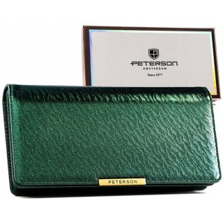 Zielony portfel damski ze skóry ekologicznej zamykany na zatrzask i suwak - Peterson